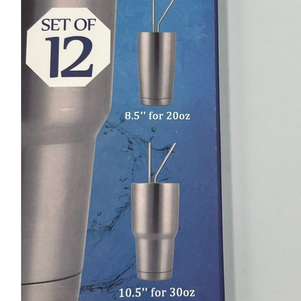 Hiware Metal Straws Set 12pc Silver Stainless Steel Reusable New